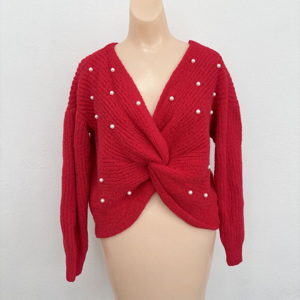Womens Juinors Holiday Glam Red Twist Pearl Sweater XL Cocktail Gala NYE Resort